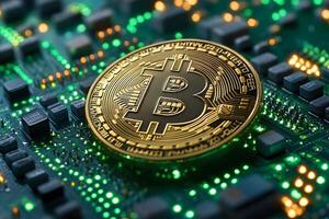 Bitcoin Cryptocurrency on Electronic Circuit Board for Digital Currency Concepts photo