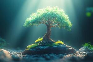 Serene Bonsai Tree Under Soft Sun Rays for Tranquil Design and Meditation photo
