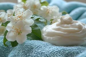 Floral Spa Tranquility Jasmine Blossom and Cream on Soft Towels for Relaxation and Skincare photo