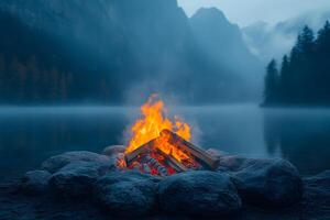Tranquil Mountain Lakeside Campfire Scene at Dusk for Relaxation and Nature Retreat Concepts photo