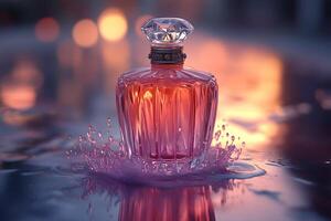 Elegant Perfume Bottle in Sunset Glow with Water Splash for Beauty and Luxury Concepts photo