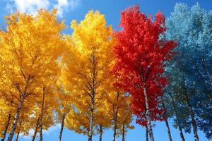 Vibrant Autumn Forest with Multicolored Trees Against Blue Sky - Perfect for Seasonal Design photo