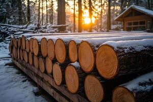 Winter Logging Scene with Snow-Covered Logs and Sunrise in Forest Setting photo