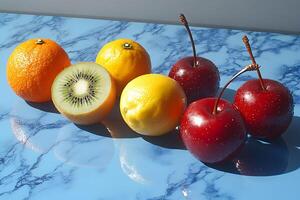 Fresh Assortment of Vibrant Fruits on Marble Background for Kitchen Decor and Print Design photo