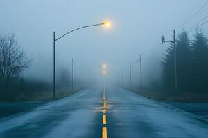 Misty Road at Dawn with Streetlights Illuminating Foggy Landscape for Atmospheric Design photo