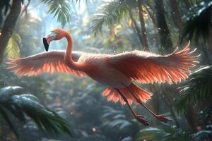 Graceful Flamingo in Misty Jungle Setting for Wildlife Art and Photography photo