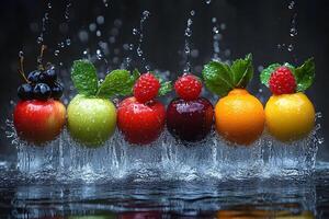 Refreshing Fruit Splash Apples, Berries, Oranges in Water for Freshness Themes photo