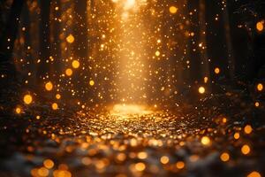 Enchanting Forest Pathway Illuminated by Golden Bokeh Lights for Fantasy and Meditation Themes photo
