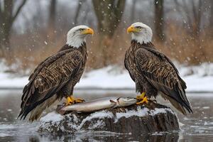 Majestic Bald Eagles with Fresh Catch in Serene Winter Landscape for Wildlife Photography photo