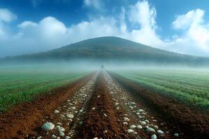 Tranquil Morning on a Misty Field with Hill Landscape for Nature Photography and Prints photo
