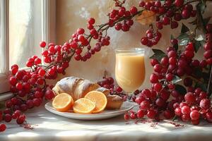 Cozy Breakfast Setting with Croissants, Oranges, and Juice by the Window photo