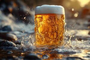 Refreshing Beer Mug with Splashing Water in River at Sunset - Beverage Concept for Summer photo