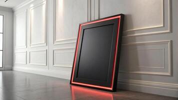 Sleek black poster frame with red border in minimalist wall setting - modern presentation and promotional display mockup design photo