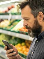 Caucasian bearded man browsing grocery store with smartphone grocery app close-up shopping technology concept photo