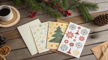 Flat lay of elegant child's handmade Christmas cards with festive patterns arranged on wooden table in bright natural lighting creating cozy mood photo