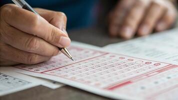 Close-up photograph of hand holding lottery ticket with detailed paper texture and soft diffused lighting highlighting interaction precision photo