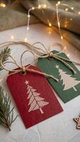 Close-up of red and green Christmas gift tags with natural twine rope creating rustic festive mood in natural lighting photo