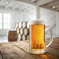 ingle beer mug with golden beer and froth on wooden table - minimalist brewery photography for beverage marketing campaigns photo