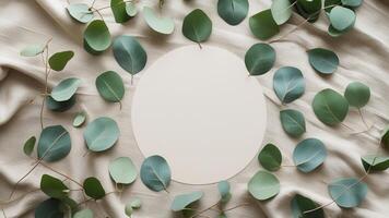Eucalyptus leaves and white paper frame on linen background photo