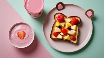 A plate with toast, strawberries and a drink photo