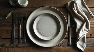 A table setting with a plate, fork, knife and napkin photo
