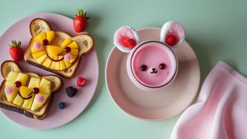 A plate with two slices of toast with a pink drink photo