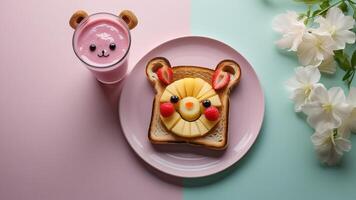 A plate with a bear face on it and a glass of milk photo
