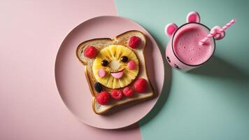 A slice of toast with fruit and a pink drink photo