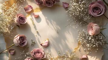 A frame with flowers and baby's breath on it photo