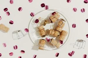 Champagne cork on glass plate and sparkling confetti, top view composition, holidays, celebration concept. Wooden corks and muselet on pastel background at sunlight shadows. Flat lay pattern photo