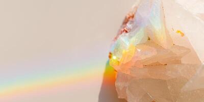 Luminous Quartz with Rainbow Flares. Sun's rays interact with quartz stone, iridescent rainbow glares, banner with shining crystal at sunlight, aesthetic view with natural light effect photo