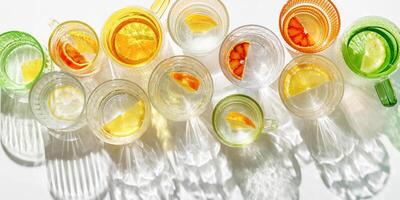 Colorful glass cups of citrus water with slices of fruit, bright glasses of detox drink with beautiful shadow at sunlight, minimal style aesthetic top view banner, creative summer drink pattern photo