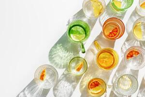Colorful glass cups of citrus water with slices of fruit, bright glasses of detox drink with beautiful shadow at sunlight, minimal style aesthetic top view, creative summer drink pattern, copyspace photo