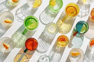 Vivid Glasses with cold detox water as summer still life pattern, shadow and sunlight refraction, closeup glass cups of infused fruit water, slises of lemon, orange, healthy summer drink photo