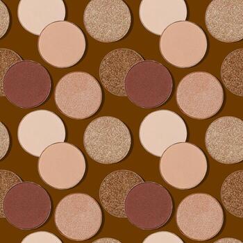 Seamless pattern with eye shadow swatches, beige brown tints, on chocolate color background. Round eyeshadows powder for makeup, cosmetics design minimal print, top view autumn mood beauty photo
