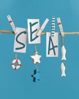 Summer poster with lettering sea on white paper hanging with clothespins on rope. Summer concept in nautical style. photo