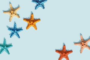 Nautic scene with colorful sea stars. Happy, bright and summer mood flat lay. photo