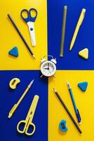 Flat lay with stationery and school items. Back to school creative concept photo
