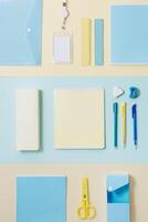 Flat lay of stationery and school supplies. Back to school concept. Top view photo