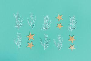 Summer pattern with star fishes and white coral. Marine or nautical theme photo