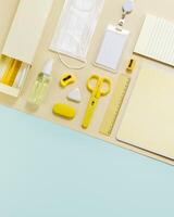 New normal concept workspace desk school Geometric pattern with office supplies and ppe photo