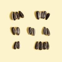 Black sunflower seeds on beige background. Raw whole grains, pattern photo