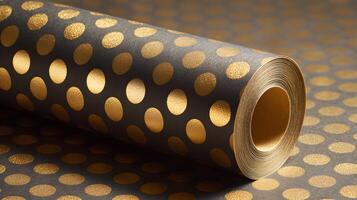 Roll of dark gray wrapping paper adorned with gleaming gold dots creates a luxurious texture photo