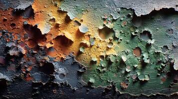 Abstract texture featuring peeling paint with vibrant colors creating a visually striking effect on wood photo