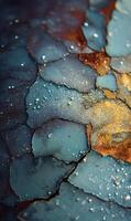 Close up surface texture featuring weathered stone or rock formations with moisture and vibrant colors revealing natural patterns photo
