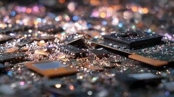 Abstract composition showcasing obsolete computer chips and sparkling debris reflecting vibrant light patterns photo