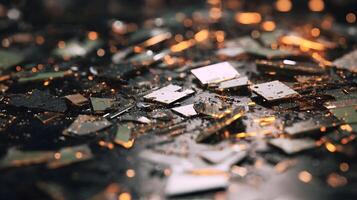 Electronic waste showcasing damaged circuit boards with broken components in a sparkling abstract view photo