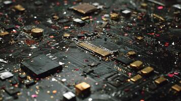 Close up detail of a complex computer circuit board highlighting technology and micro components photo