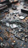 Macro abstract electronic circuit design with broken glass fragments a stunning blend of technology and fragility photo