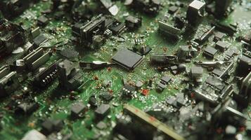 Detailed view of a complex electronic circuit board with intricate pathways and tiny components surface photo